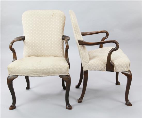 A near pair of George I style walnut elbow chairs, W.2ft H.3ft